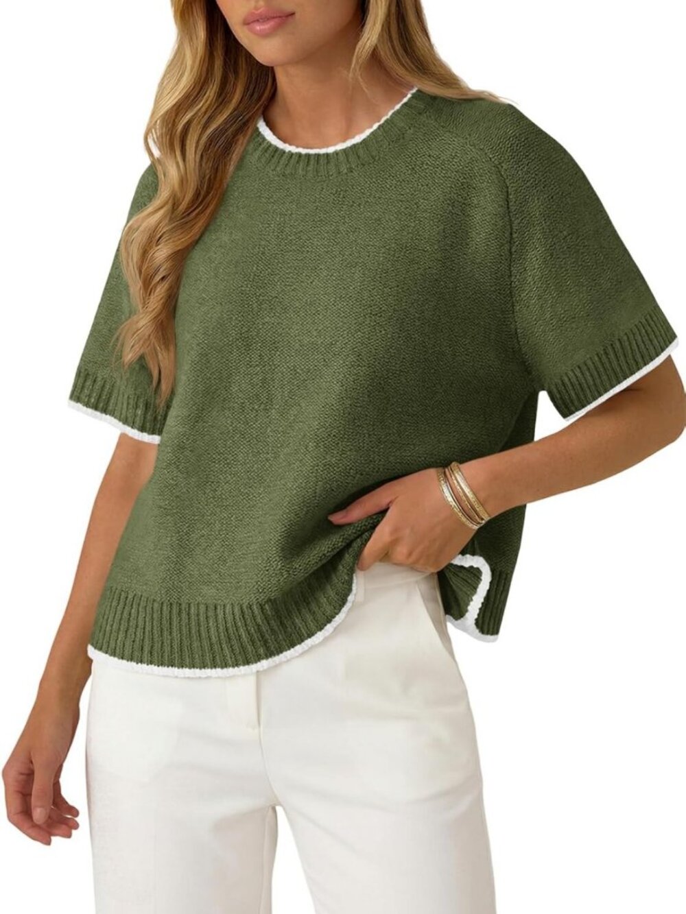 Lightweight Casual Summer Knit Top - Women's Short Sleeve Crew Neck Sweater